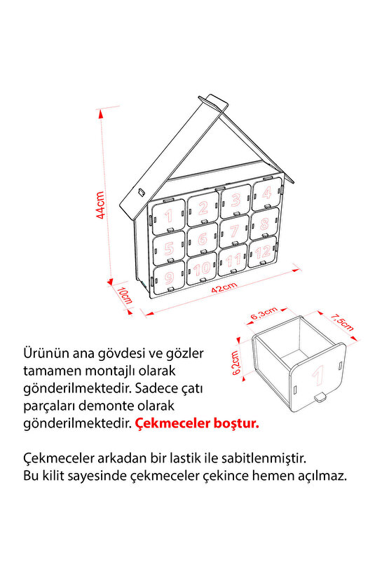 Adventa Advent Calendar Ahşap 12 Çekmeceli Numaralı Karne Yılbaşı Doğum Günü Ödül Boş Hediye Kutusu Çocuk Odası Dekoru
