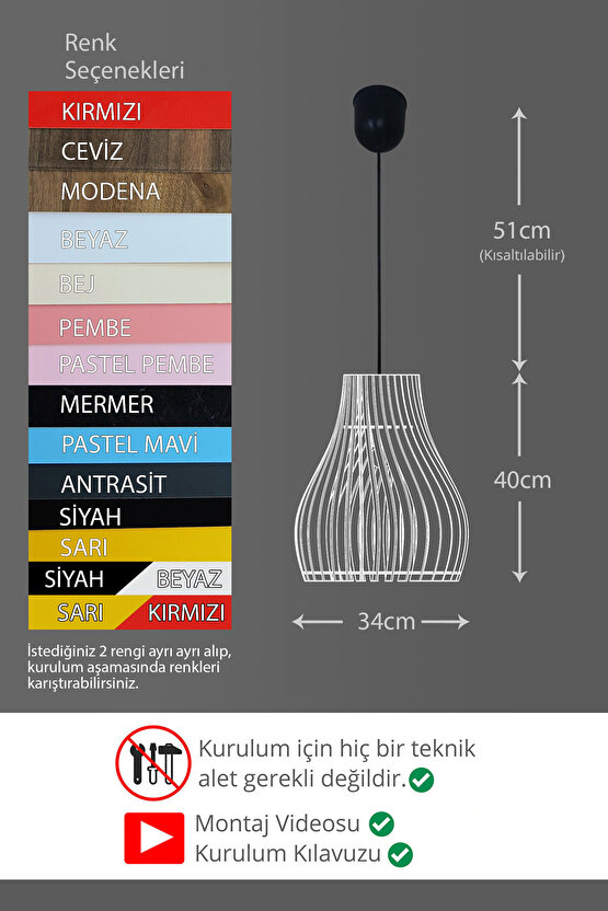 14 Renk Modern Ahşap Bohem Avize Tekli Sarkıt Lamba Sarı Kırmızı Siyah Beyaz Aydınlatma