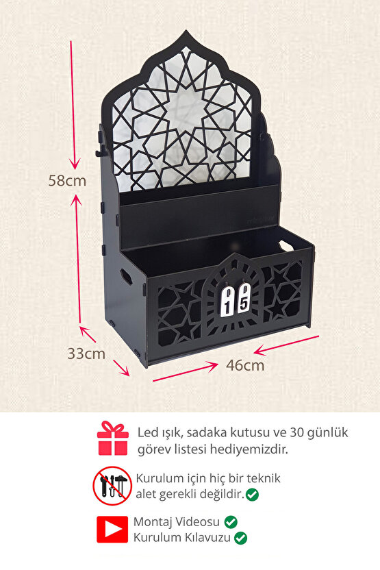 Ravza Dekoratif Ramazan Gün Sayacı Takvimi Dua Namaz Köşesi Led Işıklı Süsleme Seccadelik Organizer
