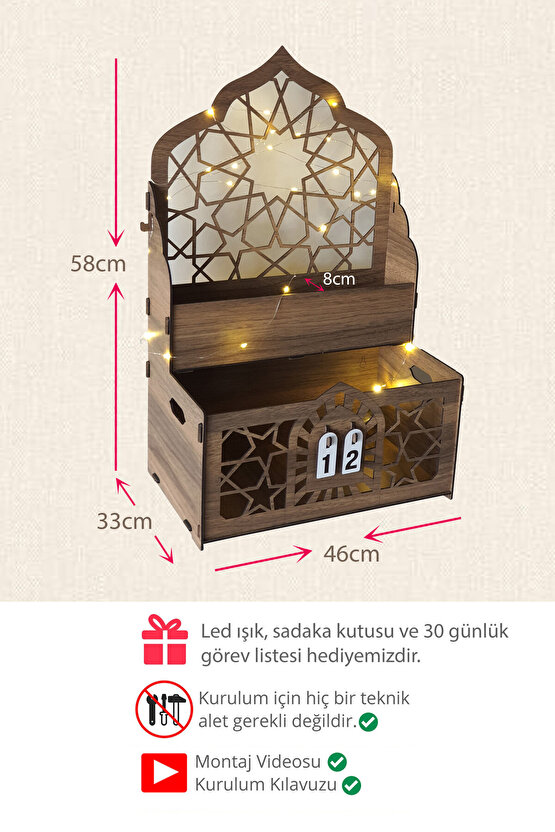 Ravza Dekoratif Ramazan Gün Sayacı Takvimi Dua Namaz Köşesi Led Işıklı Süsleme Seccadelik Organizer