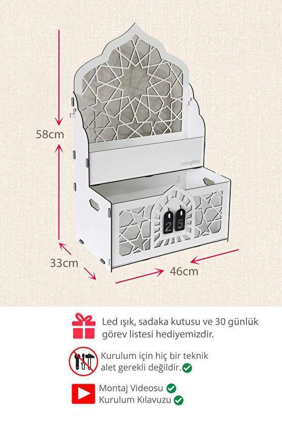 Ravza Dekoratif Ramazan Gün Sayacı Takvimi Dua Namaz Köşesi Led Işıklı Süsleme Seccadelik Organizer