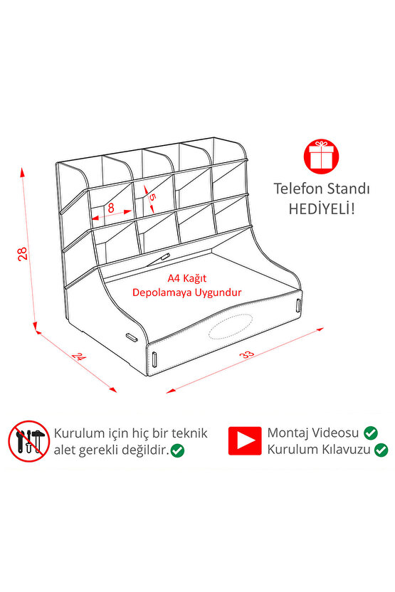 Chamber 12 Gözlü Büyük Boy Masaüstü Kalemlik Düzenleyici, Masaüstü Organizer Çekmeceli A4 Evrak Rafı