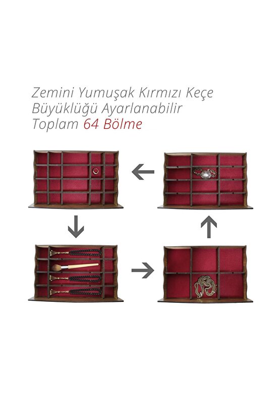 Luna 64 Bölmeli Makyaj Takı Koleksiyon Saat Dikiş Aksesuar Tespih Kutusu Düzenleyici Organizer Ceviz