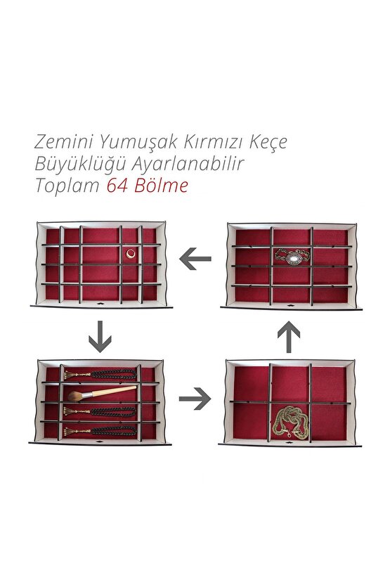 Luna 64 Bölmeli Makyaj Takı Koleksiyon Saat Dikiş Aksesuar Tespih Kutusu Düzenleyici Organizer Beyaz