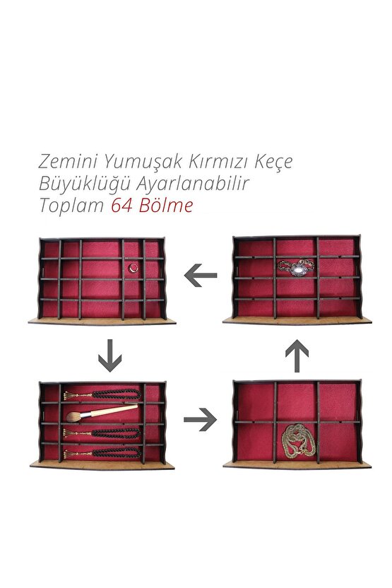 Luna 64 Bölmeli Makyaj Takı Koleksiyon Saat Dikiş Aksesuar Tespih Kutusu Düzenleyici Organizer Siyah