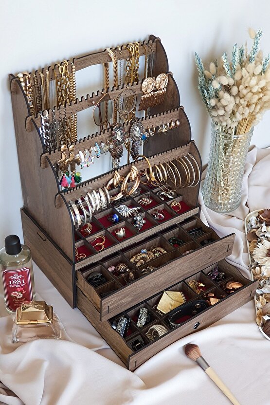 Diamond Large Organizer Kozmetik Makyaj Kolye Küpe Yüzük Takı Kutusu Düzenleyici Ceviz