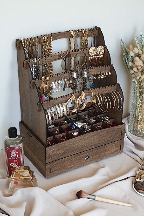 Diamond Large Organizer Kozmetik Makyaj Kolye Küpe Yüzük Takı Kutusu Düzenleyici Ceviz