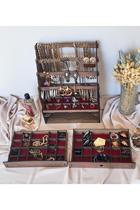 Diamond Large Organizer Kozmetik Makyaj Kolye Küpe Yüzük Takı Kutusu Düzenleyici Ceviz