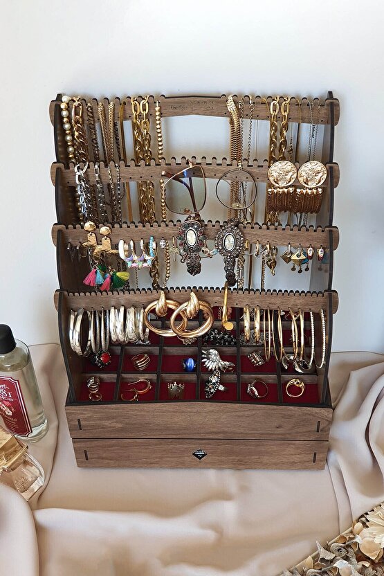 Diamond Large Organizer Kozmetik Makyaj Kolye Küpe Yüzük Takı Kutusu Düzenleyici Ceviz