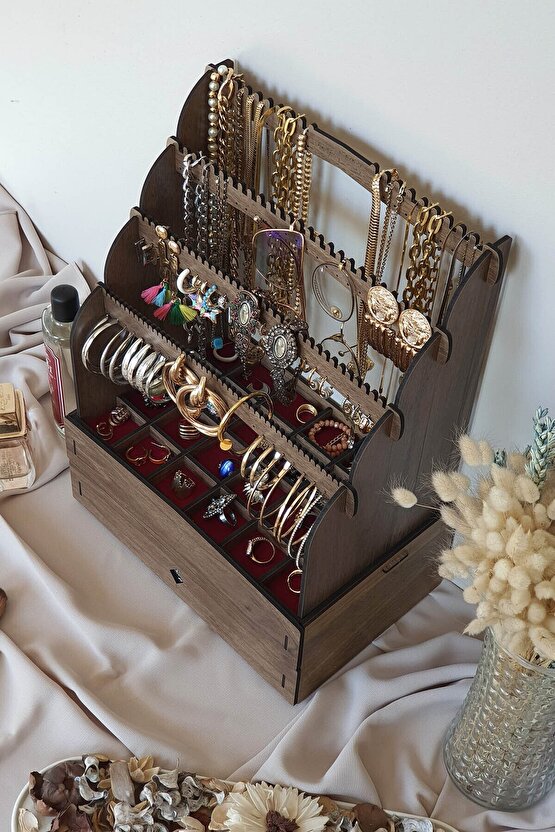 Diamond Large Organizer Kozmetik Makyaj Kolye Küpe Yüzük Takı Kutusu Düzenleyici Ceviz