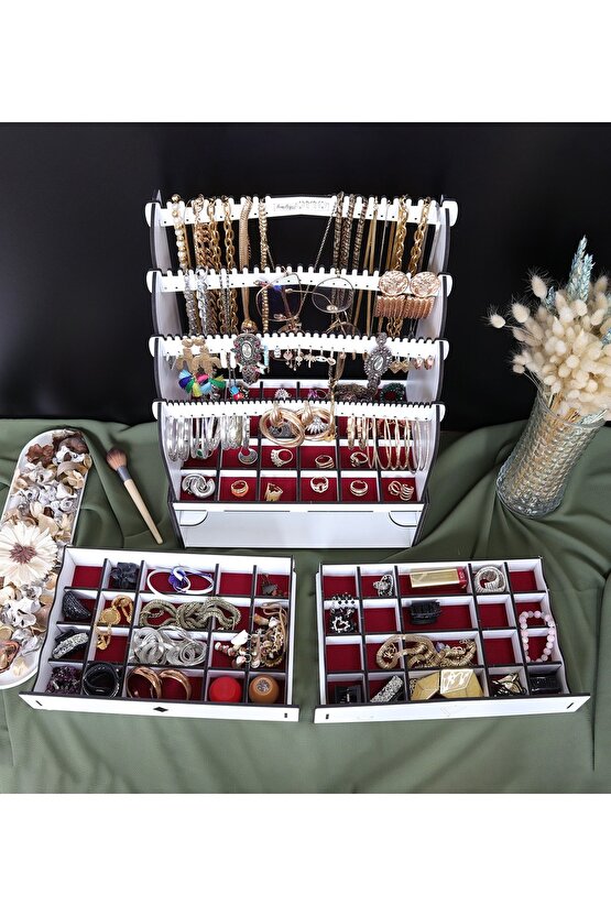 Diamond Large Organizer Kozmetik Makyaj Kolye Küpe Yüzük Takı Kutusu Düzenleyici Beyaz