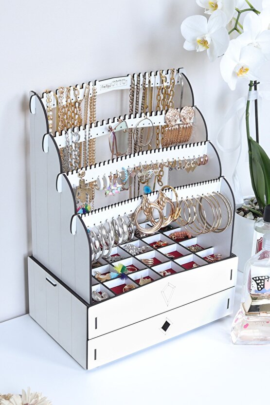 Diamond Large Organizer Kozmetik Makyaj Kolye Küpe Yüzük Takı Kutusu Düzenleyici Beyaz
