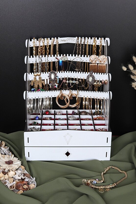 Diamond Large Organizer Kozmetik Makyaj Kolye Küpe Yüzük Takı Kutusu Düzenleyici Beyaz