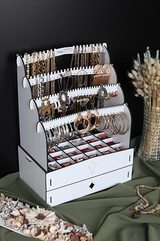 Diamond Large Organizer Kozmetik Makyaj Kolye Küpe Yüzük Takı Kutusu Düzenleyici Beyaz