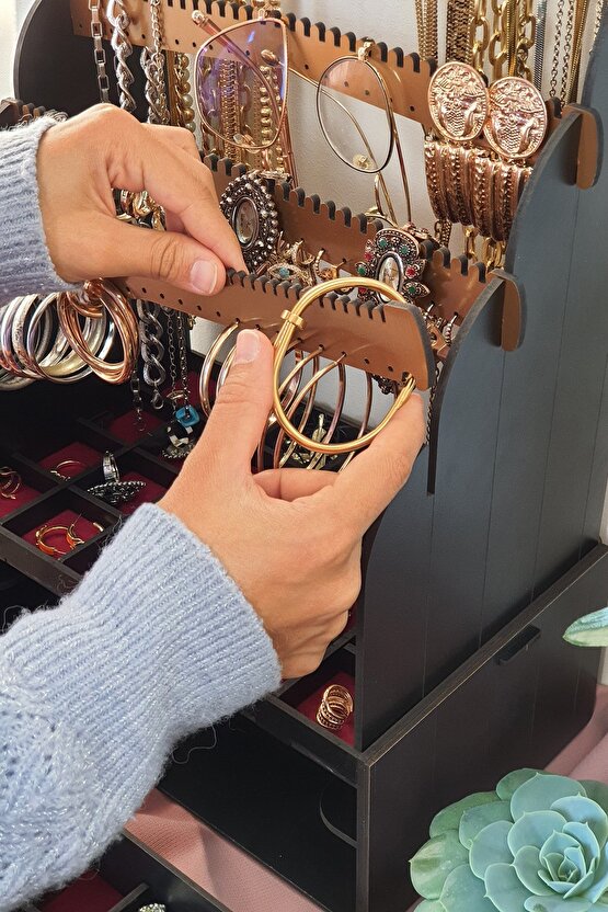 Diamond Large Organizer Kozmetik Makyaj Kolye Küpe Yüzük Takı Kutusu Düzenleyici Siyah Gold