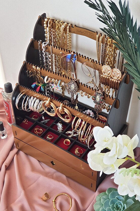 Diamond Large Organizer Kozmetik Makyaj Kolye Küpe Yüzük Takı Kutusu Düzenleyici Siyah Gold