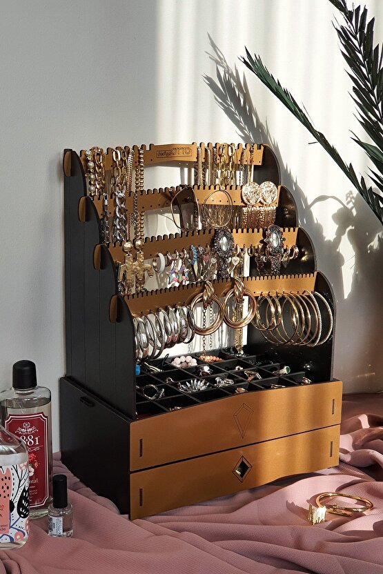 Diamond Large Organizer Kozmetik Makyaj Kolye Küpe Yüzük Takı Kutusu Düzenleyici Siyah Gold