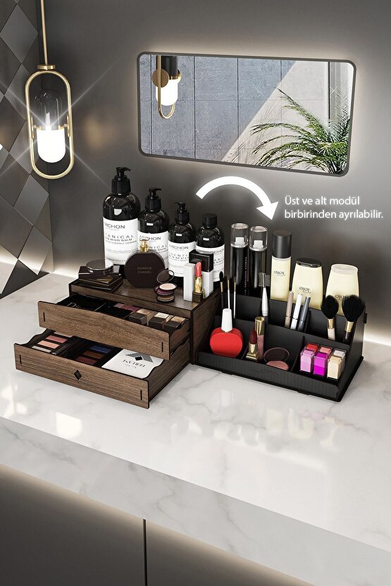 Bella Large 2 Katlı 2 Çekmeceli Ahşap Makyaj Takı Banyo Kozmetik Düzenleyici Organizer Ceviz