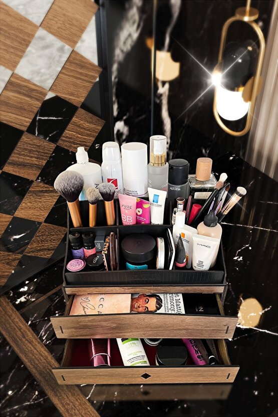 Bella Large 2 Katlı 2 Çekmeceli Ahşap Makyaj Takı Banyo Kozmetik Düzenleyici Organizer Ceviz