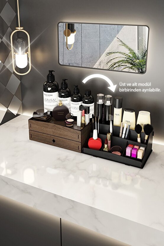 Bella Large 2 Katlı 2 Çekmeceli Ahşap Makyaj Takı Banyo Kozmetik Düzenleyici Organizer Ceviz