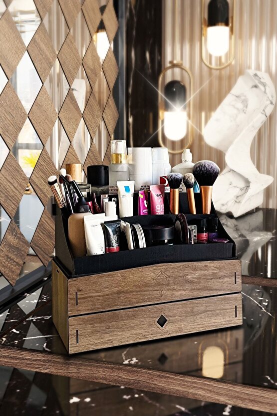 Bella Large 2 Katlı 2 Çekmeceli Ahşap Makyaj Takı Banyo Kozmetik Düzenleyici Organizer Ceviz