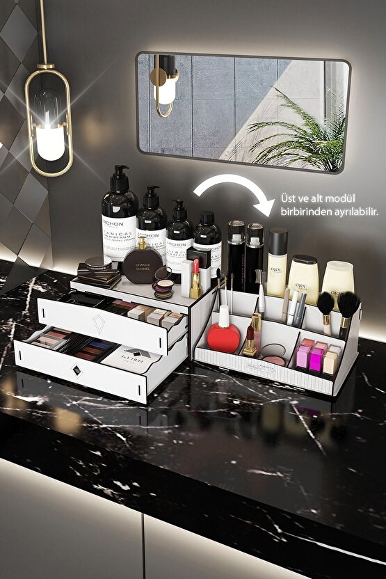 Bella Large 2 Katlı 2 Çekmeceli Ahşap Makyaj Takı Banyo Kozmetik Düzenleyici Organizer Beyaz