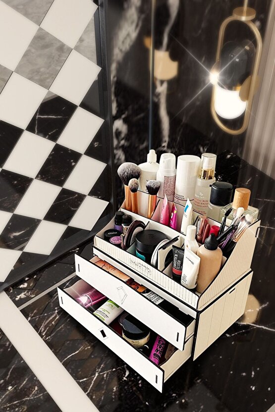 Bella Large 2 Katlı 2 Çekmeceli Ahşap Makyaj Takı Banyo Kozmetik Düzenleyici Organizer Beyaz