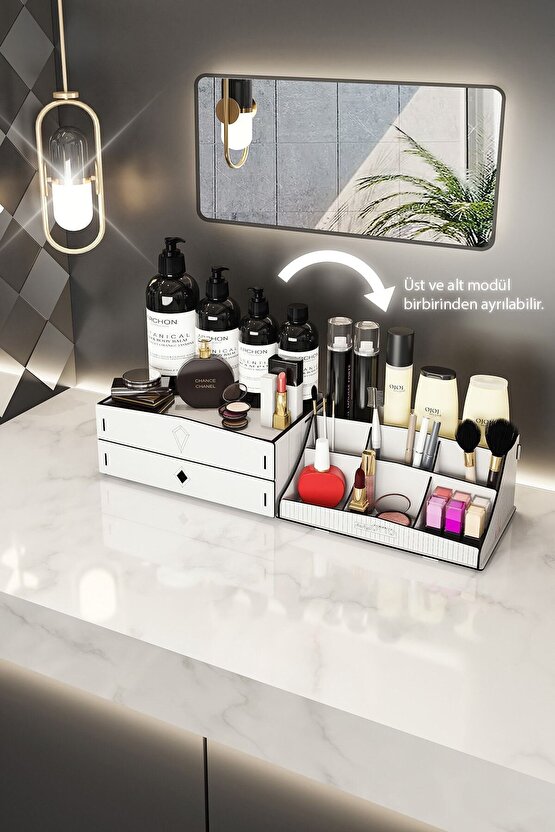 Bella Large 2 Katlı 2 Çekmeceli Ahşap Makyaj Takı Banyo Kozmetik Düzenleyici Organizer Beyaz