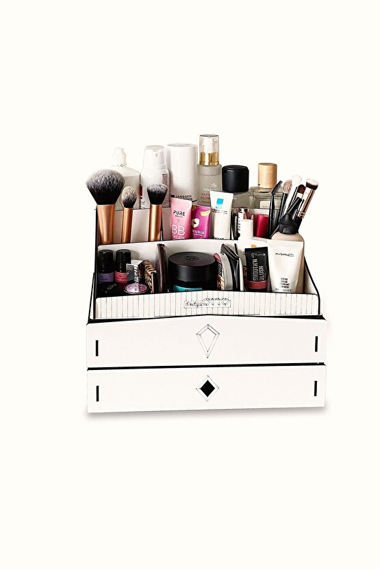 Bella Large 2 Katlı 2 Çekmeceli Ahşap Makyaj Takı Banyo Kozmetik Düzenleyici Organizer Beyaz