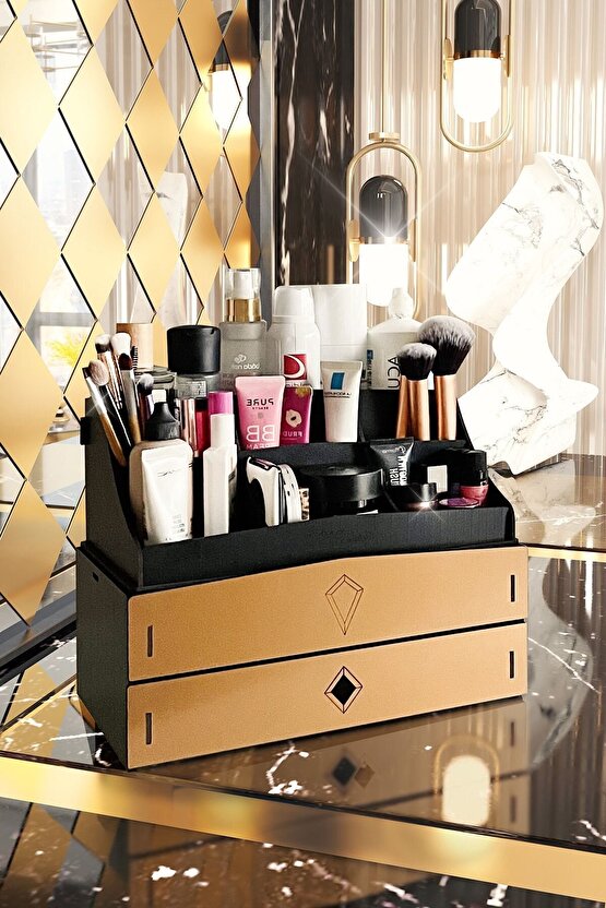 Bella Large 2 Katlı 2 Çekmeceli Ahşap Makyaj Takı Banyo Kozmetik Düzenleyici Organizer Siyah-gold
