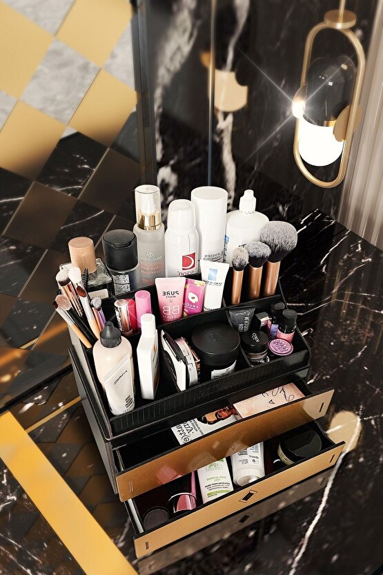 Bella Large 2 Katlı 2 Çekmeceli Ahşap Makyaj Takı Banyo Kozmetik Düzenleyici Organizer Siyah-gold
