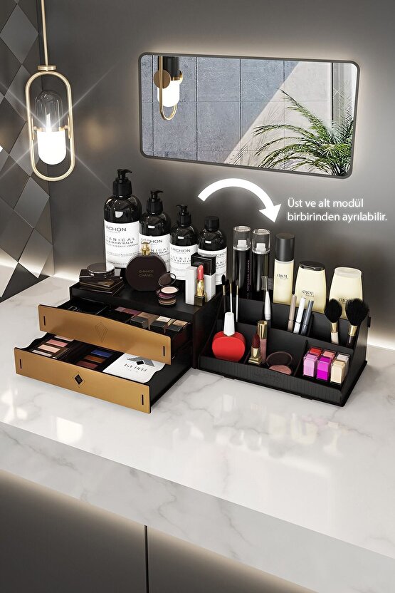 Bella Large 2 Katlı 2 Çekmeceli Ahşap Makyaj Takı Banyo Kozmetik Düzenleyici Organizer Siyah-gold