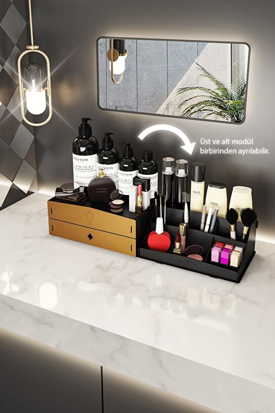 Bella Large 2 Katlı 2 Çekmeceli Ahşap Makyaj Takı Banyo Kozmetik Düzenleyici Organizer Siyah-gold