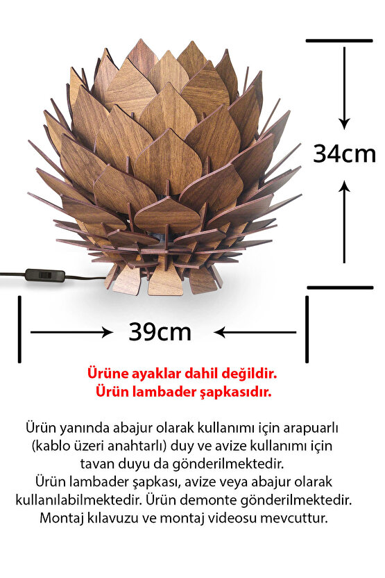 Lotus Dekoratif Lambader Şapkası Başlığı Avize Abajur Ceviz