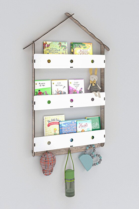Çatılı Askılı Ahşap Eğitici Montessori Çocuk Odası Kitaplık