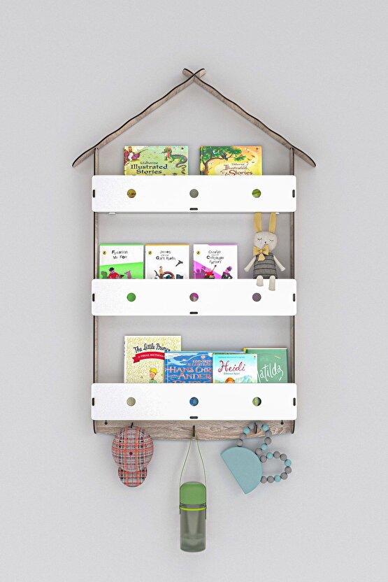 Çatılı Askılı Ahşap Eğitici Montessori Çocuk Odası Kitaplık