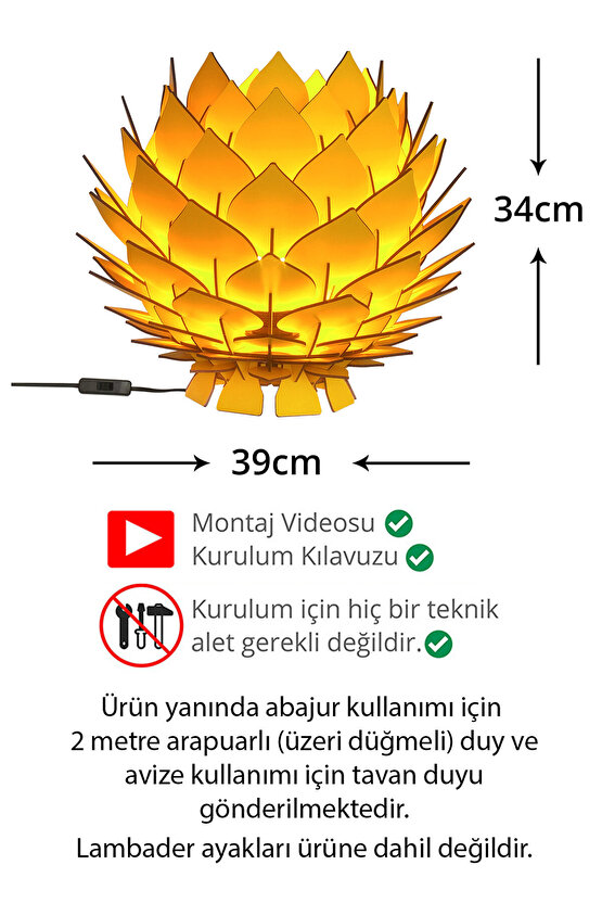 Lotus Dekoratif Ahşap Abajur Modern Tasarım Tekli Sarı Sarkıt Salon Mutfak Oda Hol Aydınlatma
