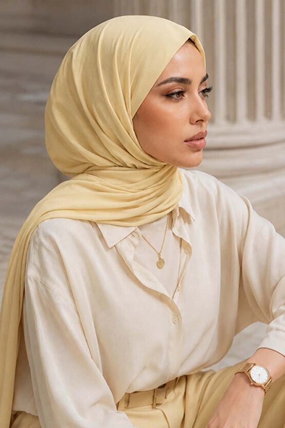 Başak Sarı Çıtçıtlı Şal  Çıtçıtlı Eşarp  Büzgülü Şal