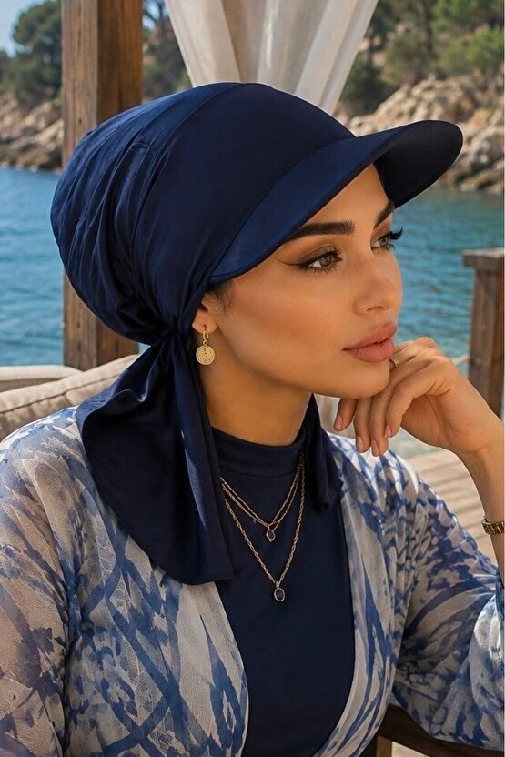 Lacivert Kepli Deniz  Havuz Kullanımına Uygun Bağcıklı Eşarp Bone