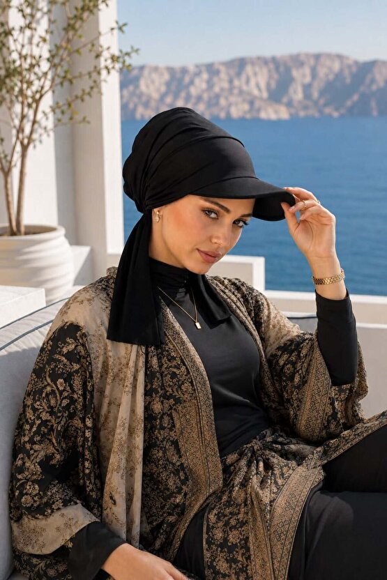 Siyah Kepli Deniz  Havuz Kullanımına Uygun Bağcıklı Eşarp Bone