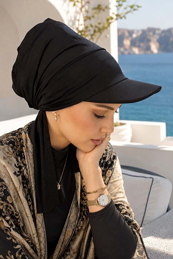 Siyah Kepli Deniz  Havuz Kullanımına Uygun Bağcıklı Eşarp Bone
