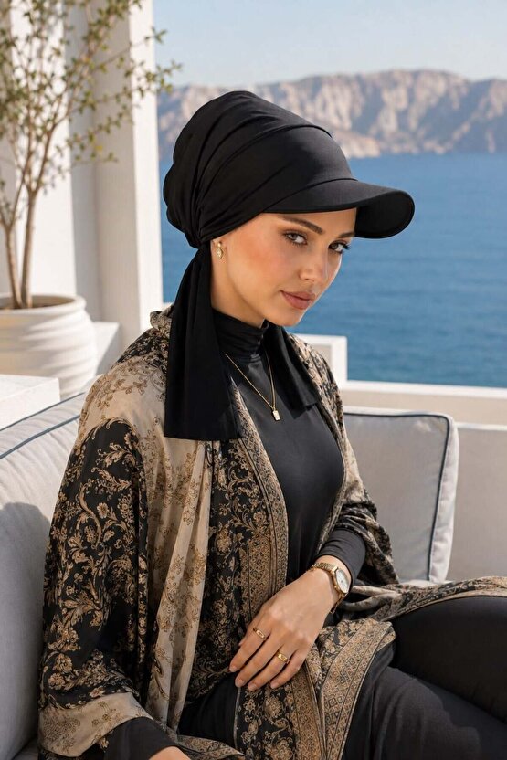 Siyah Kepli Deniz  Havuz Kullanımına Uygun Bağcıklı Eşarp Bone
