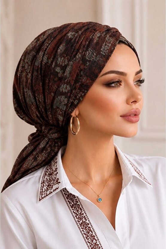 Kahve Yeşil Desenli Tokalı Bone