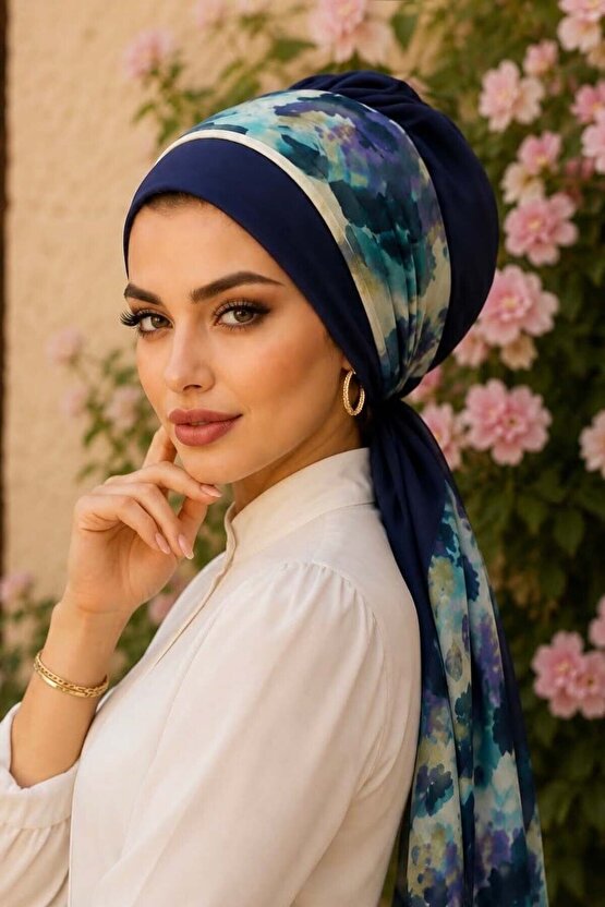 Lacivert Batik Desen Fularlı Bone