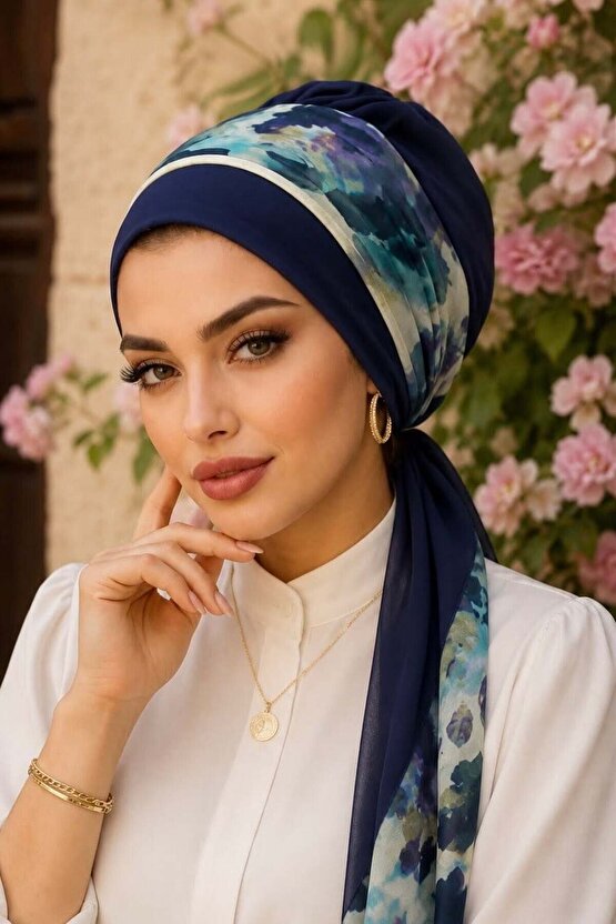 Lacivert Batik Desen Fularlı Bone