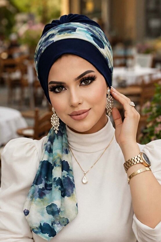 Lacivert Batik Desen Fularlı Bone