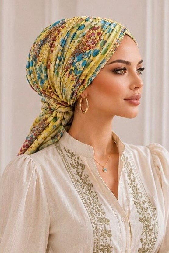 Sarı Yaz Desen Tokalı Bone