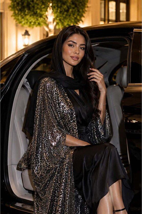 Antrasit Pul Payetli Abaya Tesettür Abiye Ferace Uzun Ceket Kimono Büyük Beden Uyumlu