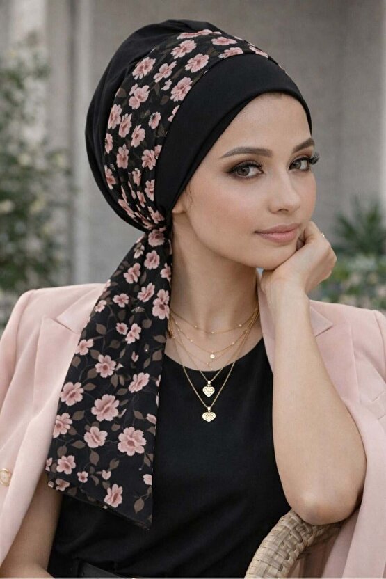 Siyah Pudra Çiçek Desen Fularlı Bone