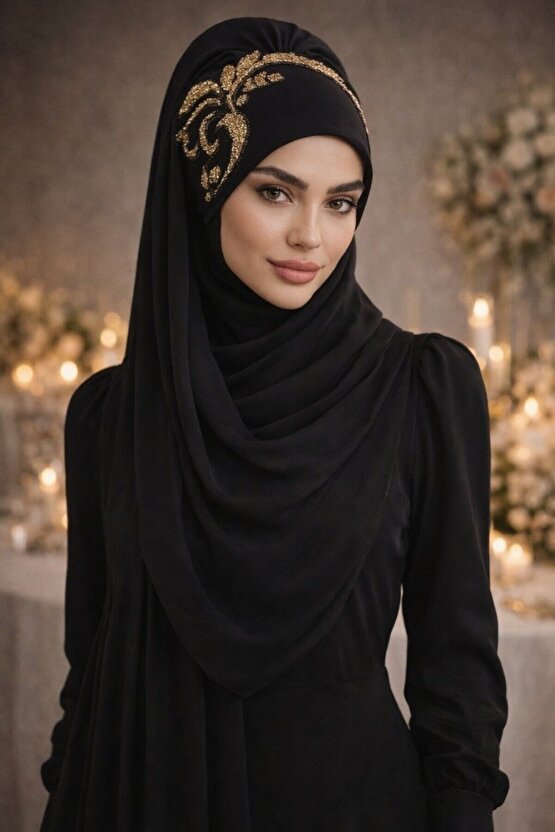 Siyah Gold Motif Simli Abiye Şal